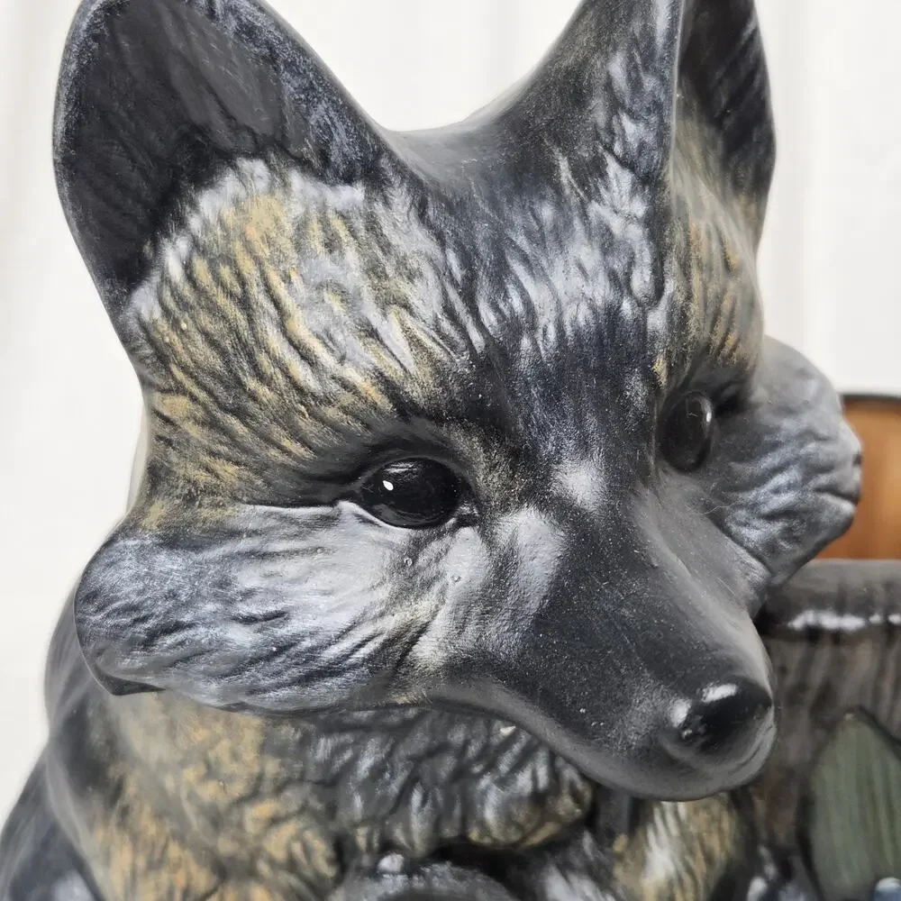Vintage Woodland Fox & Kit Tree Stump Planter Ceramic Pot Decorative Art